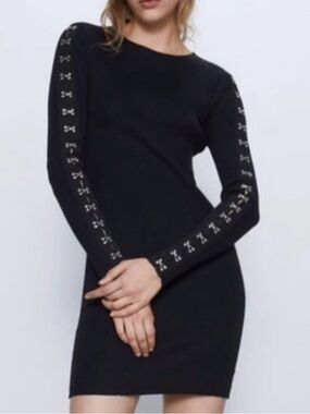 Zara Women's Black Long-Sleeve Knit Dress with Sleeve Embellishment